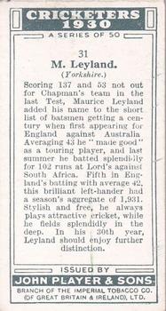 1930 Player's Cricketers #31 Maurice Leyland Back