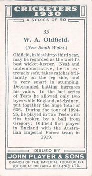 1930 Player's Cricketers #35 Bert Oldfield Back