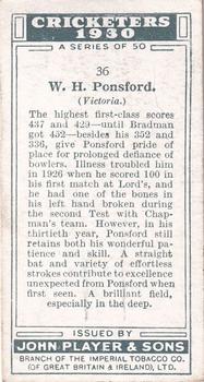 1930 Player's Cricketers #36 Bill Ponsford Back
