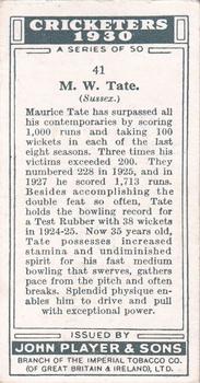 1930 Player's Cricketers #41 Maurice Tate Back