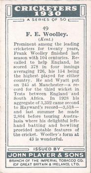 1930 Player's Cricketers #49 Frank Woolley Back