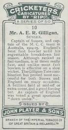 1926 Player's Cricketers (Caricatures by RIP) #10 Arthur Gilligan Back