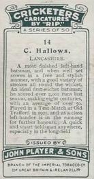 1926 Player's Cricketers (Caricatures by RIP) #14 Charlie Hallows Back
