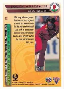 1994-95 Futera Cricket #68 Greg Blewett Back