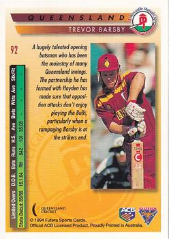 1994-95 Futera Cricket #92 Trevor Barsby Back