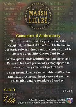 1996 Futera Elite - Rod Marsh / Dennis Lillee Double Autograph #CB3 Certification Card Back
