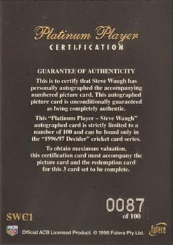 1996 Futera The Decider - Steve Waugh Platinum Player Autographs #SWC1 Certification Card Back