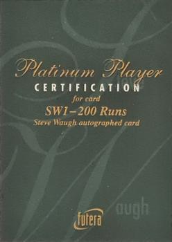 1996 Futera The Decider - Steve Waugh Platinum Player Autographs #SWC1 Certification Card Front