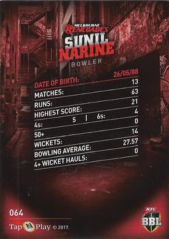 2017-18 Tap 'N' Play BBL Cricket #064 Sunil Narine Back