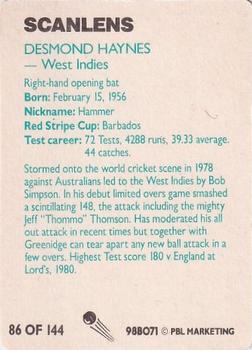 1988-89 Scanlens Stimorol Cricket #86 Desmond Haynes Back