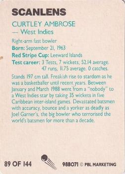 1988-89 Scanlens Stimorol Cricket #89 Curtley Ambrose Back