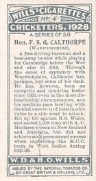 1928 Wills's Cricketers #4 Freddie Calthorpe Back