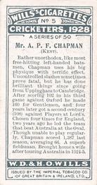 1928 Wills's Cricketers #5 Percy Chapman Back