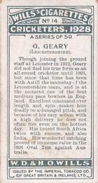 1928 Wills's Cricketers #14 George Geary Back