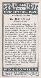 1928 Wills's Cricketers #17 Charlie Hallows Back