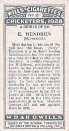 1928 Wills's Cricketers #21 Patsy Hendren Back