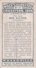 1928 Wills's Cricketers #27 Roy Kilner Back