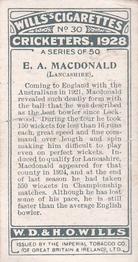 1928 Wills's Cricketers #30 Ted McDonald Back