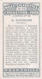 1928 Wills's Cricketers #39 Andy Sandham Back