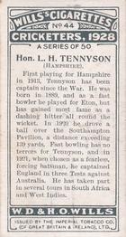 1928 Wills's Cricketers #44 Lionel Tennyson Back