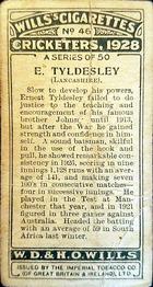 1928 Wills's Cricketers #46 Ernest Tyldesley Back