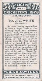 1928 Wills's Cricketers #47 John C. White Back