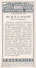 1928 Wills's Cricketers #50 Bob Wyatt Back