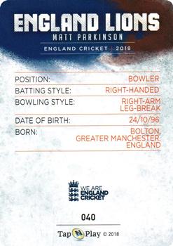 2018 Tap 'N' Play We are England Cricket #040 Matt Parkinson Back