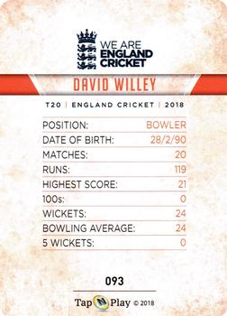 2018 Tap 'N' Play We are England Cricket #093 David Willey Back