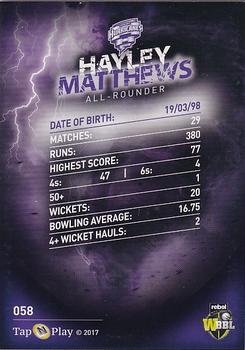 2017-18 Tap 'N' Play BBL Cricket - Base Parallel #058 Hayley Matthews Back