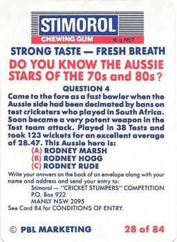 1990-91 Scanlens Cricket The Aussies vs The Poms #28 Rodney Hogg Back