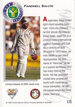 1993-94 Futera International Cricket - Honours Awards #115 Desmond Haynes Back