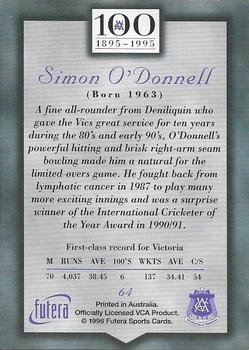 1996 Futera Victorian Cricket Association 1895-1995 #64 Simon O'Donnell Back
