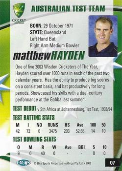 2003-04 Elite Sports Cricket Australia #07 Matthew Hayden Back