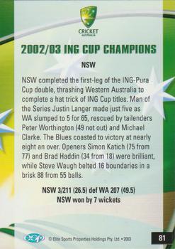 2003-04 Elite Sports Cricket Australia #81 2002/03 ING Cup Champions Back