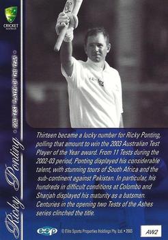 2003-04 Elite Sports Cricket Australia - 2003 Award Winners #AW2 Ricky Ponting Back