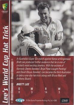 2003-04 Elite Sports Cricket Australia - Great Moments #GM5 Brett Lee Back