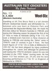 1994 Weet-Bix Australian Test Cricketers #13 Bruce Reid Back