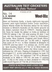 1994 Weet-Bix Australian Test Cricketers #14 Shane Warne Back