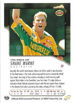 1996 Futera World Cup #20 Shane Warne Back