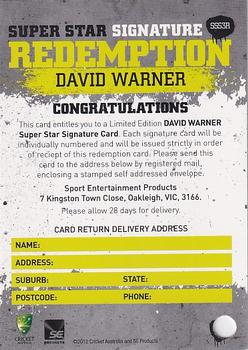 2012-13 SEP T20 Big Bash League - Superstar Signature Redemption #SSS3R David Warner Back