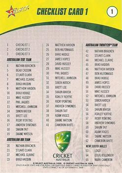 2008-09 Select Cricket Australia #1 Checklist 1 Back