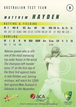 2008-09 Select Cricket Australia #9 Matthew Hayden Back