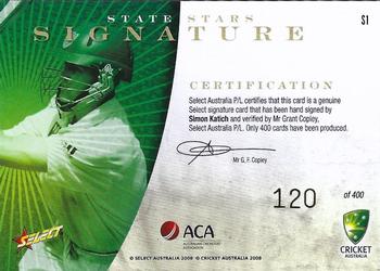 2008-09 Select Cricket Australia - State Stars Signatures #S1 Simon Katich Back