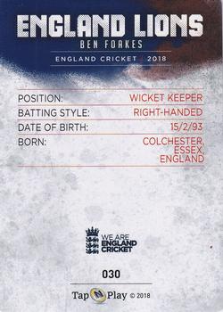 2018 Tap 'N' Play We are England Cricket - Silver Foil #030 Ben Foakes Back