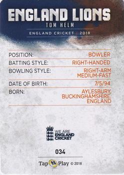 2018 Tap 'N' Play We are England Cricket - Silver Foil #034 Tom Helm Back