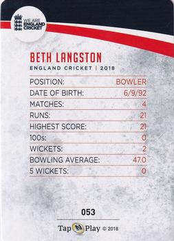 2018 Tap 'N' Play We are England Cricket - Silver Foil #053 Beth Langston Back