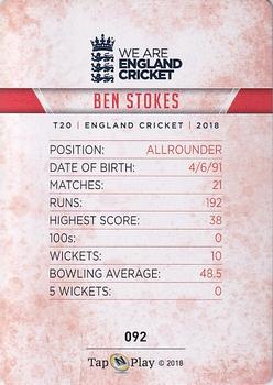 2018 Tap 'N' Play We are England Cricket - Silver Foil #092 Ben Stokes Back