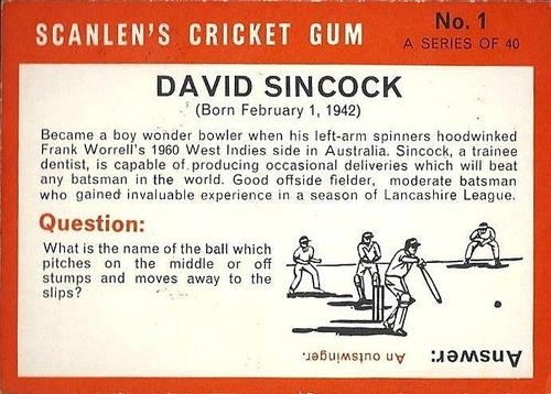1965 Scanlen's Cricket #1 David Sincock Back