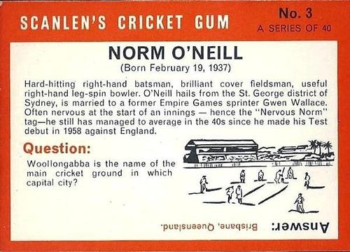 1965 Scanlen's Cricket #3 Norm O'Neill Back